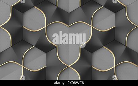Ce papier peint géométrique 3D haut de gamme présente un élégant design noir et or avec des motifs sans couture, parfait pour un décor intérieur sophistiqué Banque D'Images