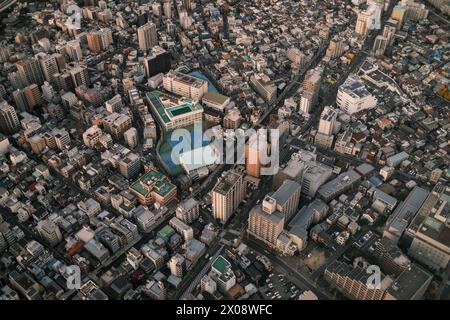 Photo aérienne capturant la densité urbaine tentaculaire de Tokyo avec des bâtiments baignés par la douce lueur du coucher du soleil, illustrant l'animation de la ville Banque D'Images