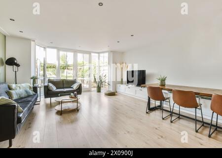 Un salon contemporain bénéficiant d'une lumière naturelle abondante, de parquet, de sièges confortables et d'accents de décoration chic. Banque D'Images