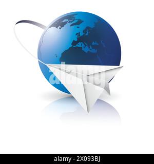 Avion de papier volant tout autour de la planète Terre, Blue Globe - transport, Voyager par Air concept, illustration vectorielle - conception isolé sur blanc B Illustration de Vecteur