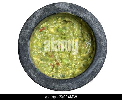 guacamole à l'intérieur molcajete (mortier mexicain traditionnel et pilon pour moudre les épices) trempette d'avocat isolé sur fond blanc, découpé Banque D'Images