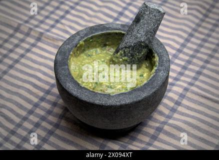 guacamole à l'intérieur molcajete (mortier mexicain traditionnel et pilon pour moudre les épices et faire des sauces) trempette d'avocat épicé avec des racines aztèques sur rayé Banque D'Images