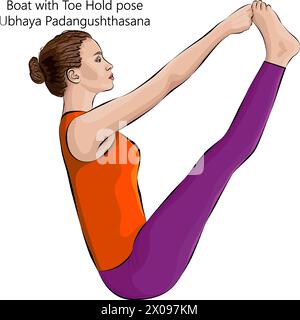 Jeune femme pratiquant la pose Ubhaya Padangushthasana. Bateau avec posture de maintien des orteils. Les deux poses Big Toes ou double Toe Hold. Illustration vectorielle isolée. Illustration de Vecteur