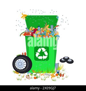 Conteneurs à ordures contenant des ordures non triées. Poubelles pourries dans la poubelle pleine et mouches volant autour. Pile de déchets dans Dustbin.ordures odeurs et se décomposent Illustration de Vecteur