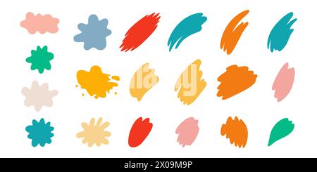 Jeu coloré d'éclaboussures de peinture. Collection ronde Splash Flat, forme décorative des liquides. Différentes éclaboussures et gouttes, éclaboussures de bande dessinée. Coloration colorée à l'intérieur Illustration de Vecteur