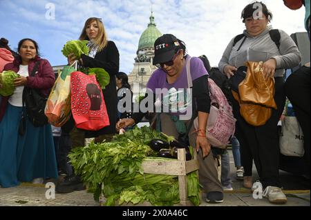 Buenos Aires, Buenos Aires, Argentine. 10 avril 2024. Des centaines de personnes se rassemblent devant le Congrès national argentin pour recevoir divers fruits, légumes et plantes directement des producteurs agricoles de l’UTT (Union de Trabajadores de la Tierra), devant le Congrès argentin, le 10 avril 2024. PHOTOS/Igor Wagner (crédit image : © Igor Wagner/ZUMA Press Wire) USAGE ÉDITORIAL SEULEMENT! Non destiné à UN USAGE commercial ! Banque D'Images