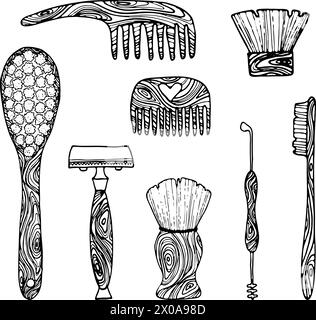 Brosses en bois zéro déchet - collection de doodle dessinée à la main isolé sur fond blanc. Brosse à dents en bambou, rasoir, peigne, brosse à raser, croquis de crête Illustration de Vecteur