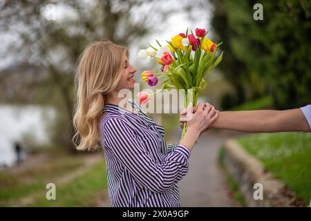Femme acceptant joyeusement bouquet de tulipes coloré de l'homme contre fond de parc. la main d'un homme tenant un bouquet de tulipes Banque D'Images