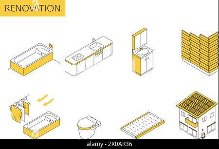 Illustration isométrique simple de remodelage de la maison, bain de système, cuisine de système, production d'énergie solaire, etc., illustration vectorielle Illustration de Vecteur