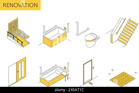 Remodelage de la maison, remodelage de la maison de retraite admissible à l'assurance maison de retraite et aux subventions, illustration isométrique simple, illustration vectorielle Illustration de Vecteur