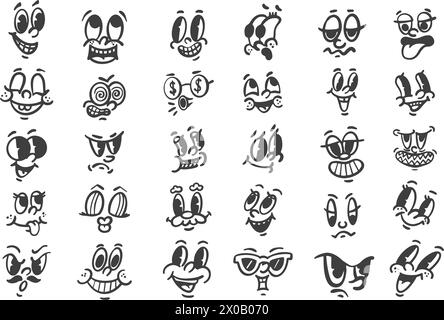 Visages rétro de dessin animé. Mascottes vintage avec des yeux et des bouches comiques mignons. Icônes drôles ensemble d'expressions de caractère souriant heureux. émotions de conception des années 30-50 Illustration de Vecteur