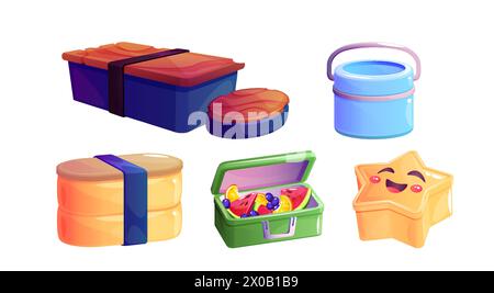 Fermez et ouvrez la boîte à lunch pour le dîner de l'école ou du bureau. Ensemble d'illustration vectorielle de dessin animé de boîte de forme différente en plastique pour la nourriture pour la pause déjeuner. Emballage bento éco enfantin. Récipient pour repas. Illustration de Vecteur