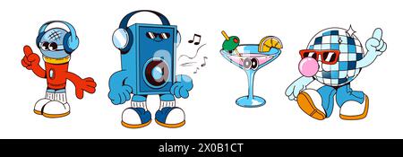 Jeu de personnages de dessins animés de musique rétro et de soirée disco. Illustration vectorielle de mascotte comique vintage groovy mignon de microphone et haut-parleur, boule disco et cocktail en verre. Personnage de sourire funky. Illustration de Vecteur