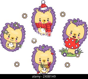 Ensemble hérisson mignon. Animal de bande dessinée drôle sur le champignon, avec des feuilles d'automne, des fleurs et en hiver chapeau et écharpe. Caractères kawaii isolés par vecteur. Enfants Illustration de Vecteur