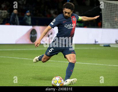 Paris, France. 10 avril 2024. Marquinhos du PSG lors de l'UEFA Champions League, quarts de finale, match de 1ère manche entre le Paris Saint-Germain (PSG) et le FC Barcelone le 10 avril 2024 au stade Parc des Princes à Paris, France - photo Jean Catuffe/DPPI crédit : DPPI Media/Alamy Live News Banque D'Images