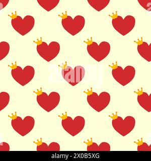 Repeated Red Hearts with crowns drawn by hand. Cute seamless pattern for girls. Sketch, doodle, scribble. Endless girlish print. Girly flat vector Stock Vector