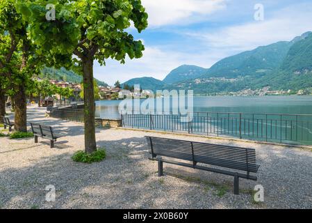 Parc avec bancs sur la rive d'un lac entouré de montagnes. Lac de Lugano et la ville de Riva San vitale, Suisse Banque D'Images