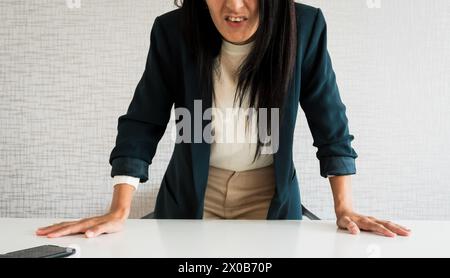 Jeune caucasien brune entreprise femme directrice dans le jure de bureau à vous pov avec le visage en colère vous mock Banque D'Images
