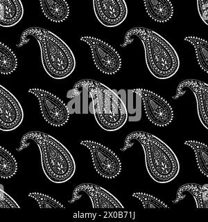Modèle sans couture Monohcrome avec motifs Paisley sur fond noir Illustration de Vecteur
