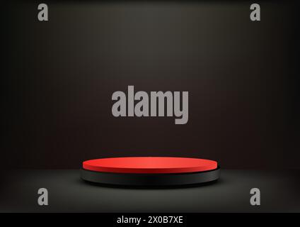 Podium rouge et noir 3D sur fond noir avec projecteur, affichage de maquette de produit. Illustration vectorielle Illustration de Vecteur