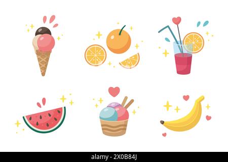 Ensemble de plats populaires d'été. Mignon fruit d'été, collection d'icônes de crème glacée. Eléments d'heure d'été. Illustration de fête de plage. Illustration vectorielle de dessin animé. Conception plate. Illustration de Vecteur