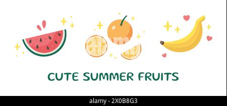Ensemble de plats populaires d'été. Mignon fruit d'été, collection d'icônes de crème glacée. Eléments d'heure d'été. Illustration de fête de plage. Illustration vectorielle de dessin animé. Conception plate. Illustration de Vecteur