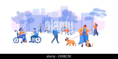 Les gens vont le long de la rue de la ville avec des arbres. Femme à la mode marche avec un chien. Panorama urbain avec bâtiments. L'idée d'inclure les personnes handicapées et les personnes d'âges différents dans la vie sociale. Illustration vectorielle plate.. Illustration de Vecteur