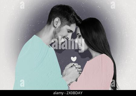 Photo collage image jeune couple copain petite amie proposition mariage amour sentiments affection romance amour sympathie Banque D'Images