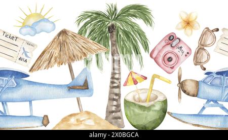 Frontière sans couture d'aquarelle de voyage avec lunettes de soleil, avion, plage, appareil photo, billet d'avion, parasol, palmier, illustration de fleurs tropicales, Banque D'Images