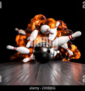 illustration 3d d'une boule de bowling frappant des épingles avec un fond explosif Banque D'Images