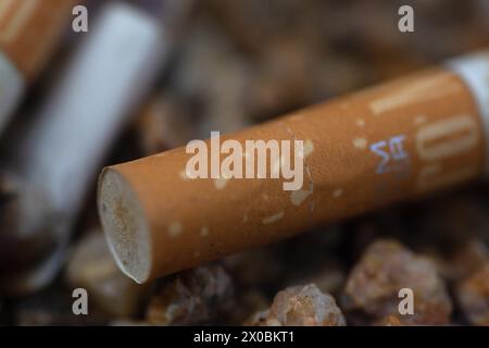 Berlin, Allemagne. 11 avril 2024. Les mégots de cigarettes sont couchés dans un cendrier. Crédit : Fernando Gutierrez-Juarez/dpa/Alamy Live News Banque D'Images