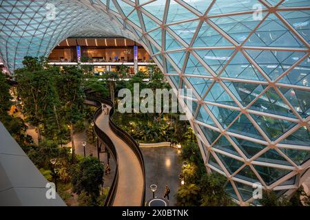 Dôme de verre massif et passerelle surélevée au-dessus du jardin intérieur au verger du Hamad International de Doha Banque D'Images