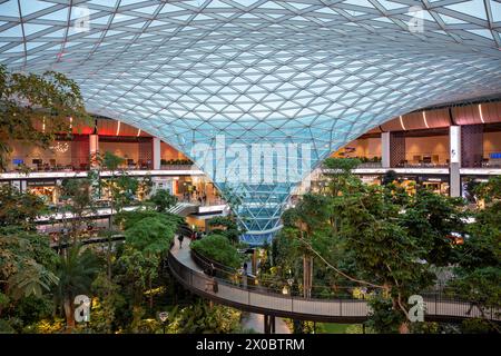 Dôme de verre massif et passerelle surélevée au-dessus du jardin intérieur au verger du Hamad International de Doha Banque D'Images