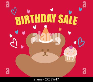 Illustration d'ours en peluche avec cupcake, chapeau de fête, lettres de VENTE D'ANNIVERSAIRE pour les achats en ligne, badges de réduction, logo de campagne, fond de vente, carte Illustration de Vecteur