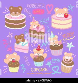 Illustration d'ours en peluche avec gâteau et cupcake pour fête d'anniversaire, nourriture pour animaux de compagnie, casse-croûte, dessert sucré, animaux, animal de compagnie, zoo, animalerie, café, restaurant Illustration de Vecteur