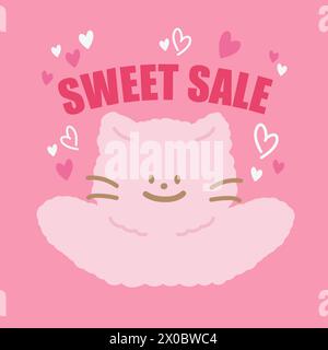 Illustration de chat, coeurs, lettres DE VENTE SUCRÉES pour les achats en ligne, offre de Saint-Valentin, dessert sucré, rabais, logo de campagne, contexte de vente, annonces Illustration de Vecteur