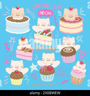 Illustration de chat avec gâteau et cupcake pour fête d'anniversaire, nourriture pour animaux de compagnie, casse-croûte, dessert sucré, animaux, animal de compagnie, vétérinaire, animalerie, café, restaurant, menu Illustration de Vecteur