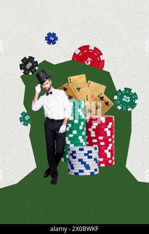 Collage créatif vertical image beau jeune gentleman croupier cartes de poker jetons de jeu casino chance jackpot gagnant Banque D'Images