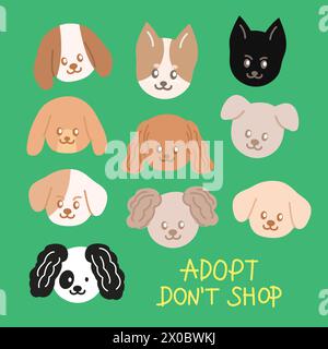 Illustration de chiots pour adoption, sauvetage, animaux, animal de compagnie, vétérinaire, animalerie, dessin animé, personnage, bande dessinée, mascotte, jouet en peluche, poupée, autocollant, impression, enfant en bas âge Illustration de Vecteur