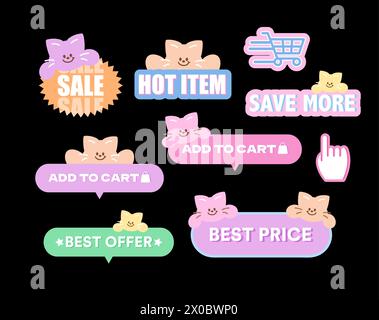 Icônes de vente de chat telles que l'article chaud, économiser plus, ajouter au panier, meilleur prix pour les achats en ligne, promotion, carte, impression, badges de réduction, marketing, animal Illustration de Vecteur
