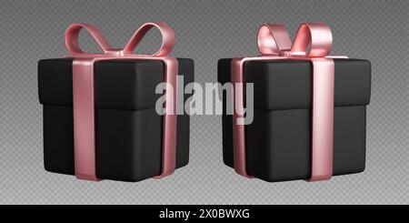Boîtes cadeaux avec rubans, boîtes noires 3D réalistes avec des noeuds en or rose. Cadeau surprise Illustration de Vecteur