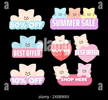 Icônes de vente de chat telles que 50% de réduction, vente d'été, meilleure offre, achetez-moi pour les achats en ligne, promotion, carte, impression, badges de réduction, marketing, animal Illustration de Vecteur