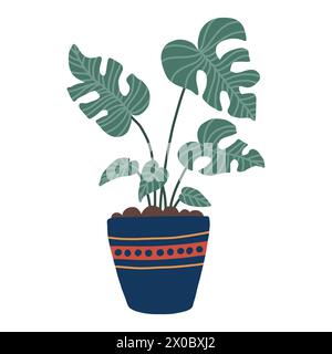 Monstera dans le pot isolé sur fond blanc. Philodendron de plante maison de style plat. Illusration vectorielle de plante d'intérieur de palmier tropical pour la conception, la salutation Illustration de Vecteur
