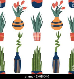 Modèle sans couture de vecteur avec des plantes d'intérieur dans des pots et des vases - bambou, sansevieria, langue de serpent, fleurs de tulipe rouge . Plantes d'intérieur en pot repit Illustration de Vecteur