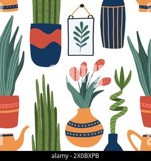 Modèle sans couture de vecteur avec des plantes d'intérieur dans des pots et des vases - bambou, sansevieria, langue de serpent, arrosoir, fleurs de tulipe . Plantes d'intérieur en pot Illustration de Vecteur