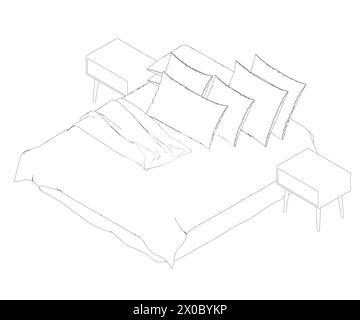 Contour d'un lit de couchage avec une couverture non faite et des oreillers de lignes noires isolées sur un fond blanc. Vue isométrique. Illustration vectorielle. 3D.. Illustration de Vecteur