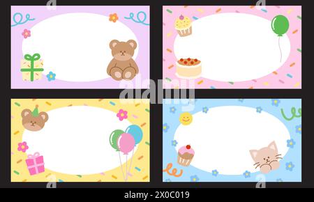 Cadres rectangulaires d'anniversaire avec ours en peluche, chat, boîte cadeau, gâteau, cupcake, ballon pour bannière, modèle d'annonce, impression de carte, étiquettes de nom, marketing, arrière-plan Illustration de Vecteur