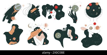 COSMOS et la galaxie, femme avec des étoiles et des planètes Illustration de Vecteur