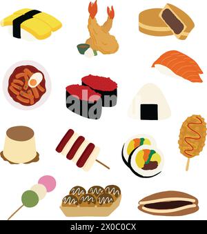 Plats asiatiques dessinés à la main et en-cas, y compris sushi, tempura, onigiri, saucisse de maïs chien, crêpe aux haricots rouges, dango pour la cuisine coréenne, la cuisine japonaise, le menu Illustration de Vecteur