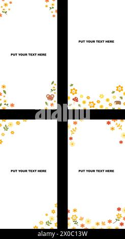 Modèle vertical d'automne avec fleurs d'automne, feuilles, ours en peluche, hérisson, champignon pour annonces d'histoire, bannière, cadre, entreprise, présentation, marketing Illustration de Vecteur